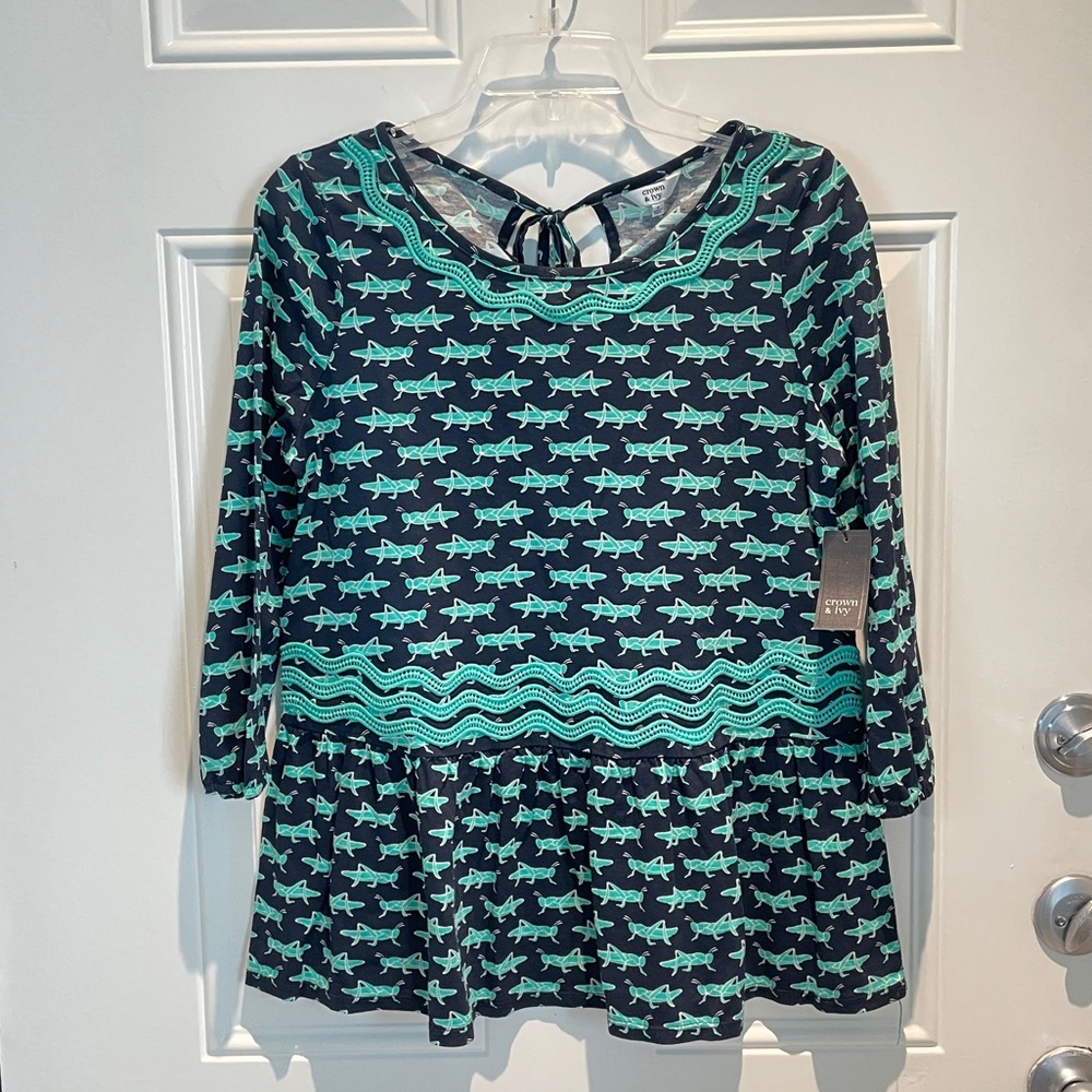Crown & Ivy Grasshopper Pattern Peplum Long Sleeve Top Size Small Green Blue